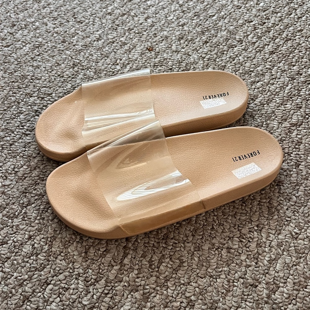 Forever 21 Clear Strap Tan Slide Sandals